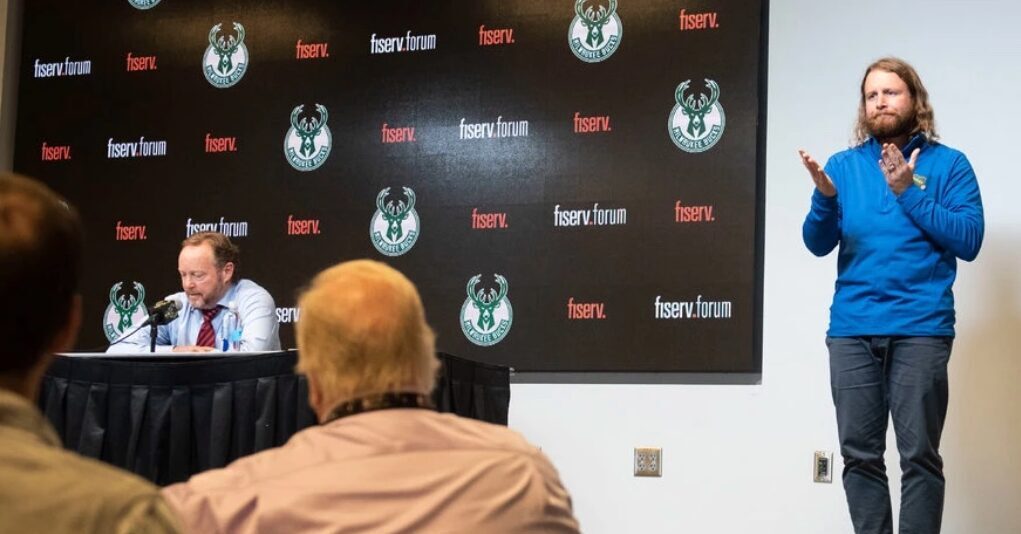 P-X-P Founder and CEO Brice Christianson interpreting for the Milwaukee Bucks' head coach Mike Budenholzer in 2019